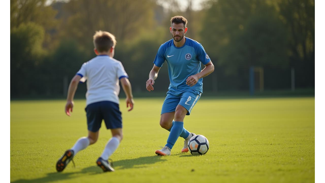 Treinador experiente a orientar um jovem jogador num exercício técnico individual, focado na melhoria da habilidade com a bola, nas clínicas de futebol de verão.