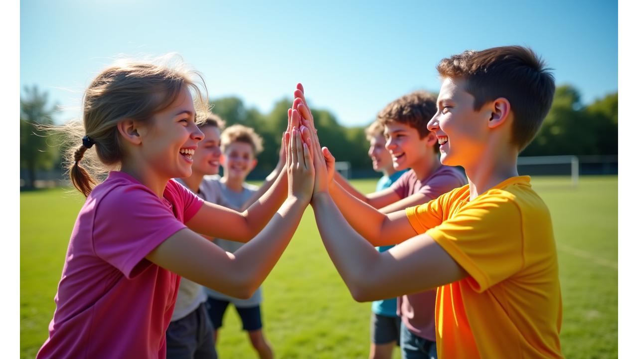 Jovens jogadores a interagir e rir durante uma atividade de team building nas clínicas de verão, mostrando o ambiente de diversão e camaradagem.