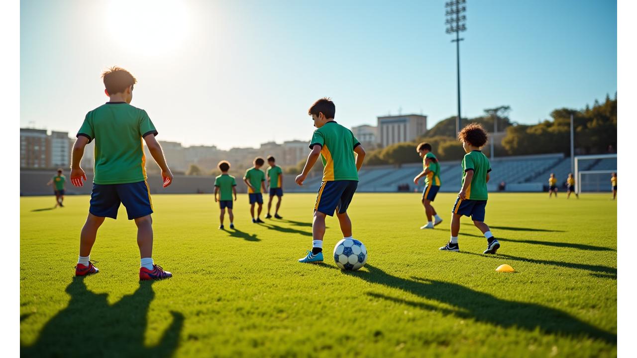 Crianças e jovens jogadores de futebol a treinar com entusiasmo num campo verde