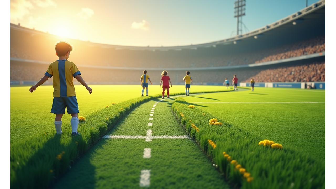 Estrada visual com marcos de progresso do futebol infantil ao profissional