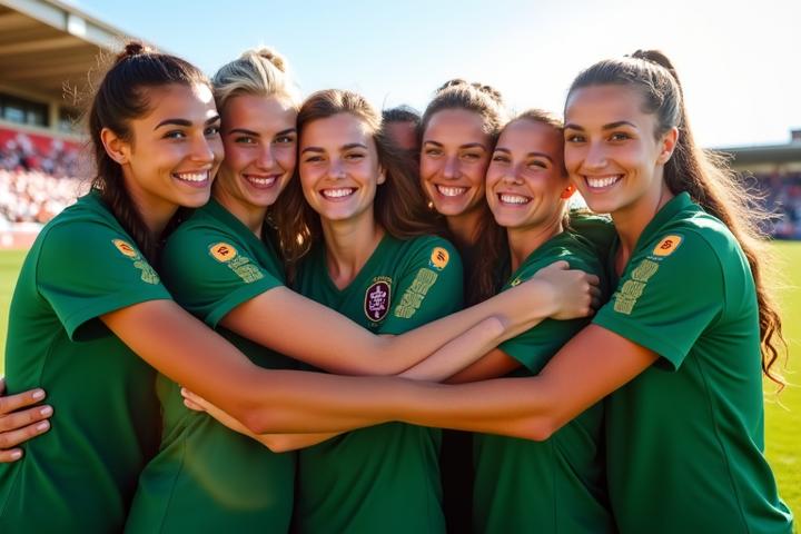 Time de futebol feminino sorrindo e abraçando-se em campo