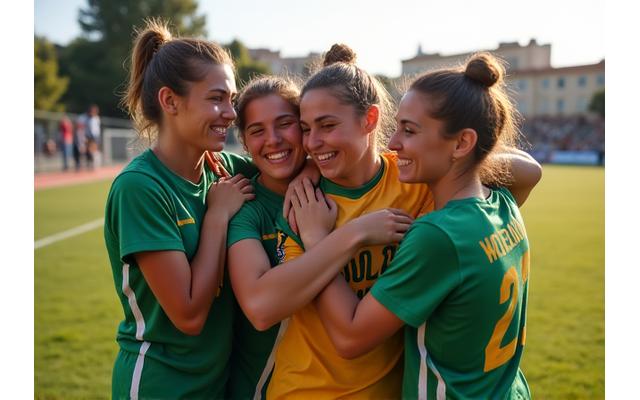 Grupo de jogadoras celebrando juntas após um torneio