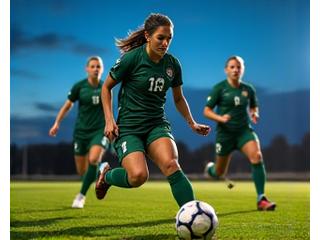 Mulheres jovens jogando futebol em campo profissional