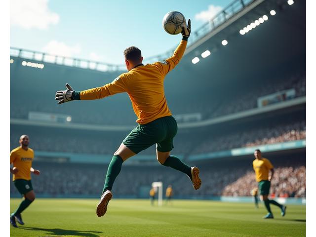 Guarda-redes a saltar alto para interceptar uma bola aérea.