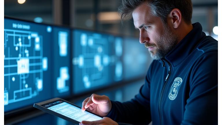 Treinador de futebol a analisar dados de performance de um tablet, com gráficos de fundo
