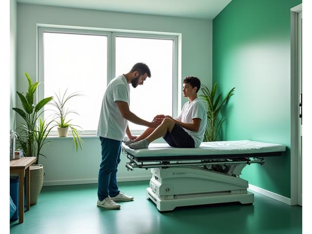 Instalações de reabilitação desportiva modernas com equipamentos de fisioterapia e um fisioterapeuta a trabalhar com um jovem futebolista.