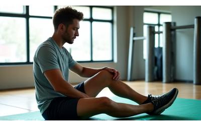 Jogador de futebol realizando exercícios de alongamento e mobilidade assistidos por fisioterapeuta em ginásio.