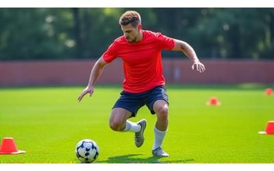 Futebolista a realizar treino de agilidade com cones num campo de futebol, demonstrando movimentos específicos de jogo.