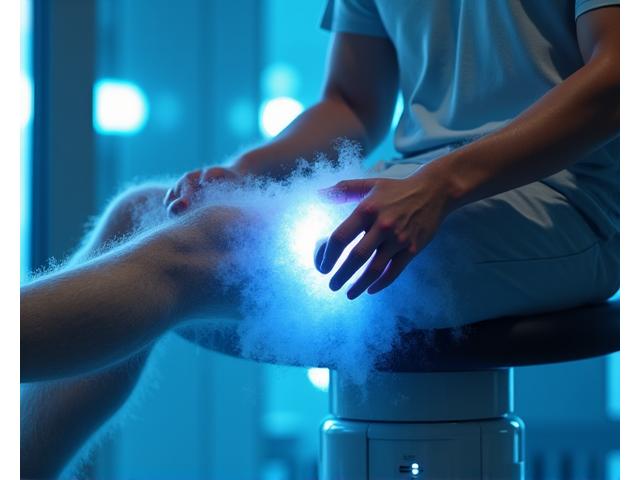 Equipamento de crioterapia avançado com gelo seco e vapor em torno da perna de um atleta.