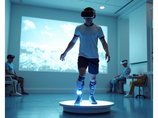 Atleta a usar óculos de realidade virtual e sensores de movimento numa passadeira para treino de equilíbrio.