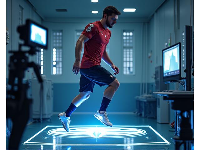 Plataforma de força com sensores em que um atleta realiza um salto com marcadores no corpo para análise biomecânica.