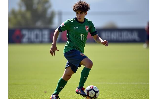 Tiago Dias, jovem médio, a fazer um passe de precisão.
