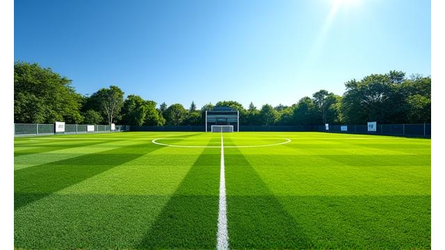 Campo de futebol de relva natural impecável em dia de sol
