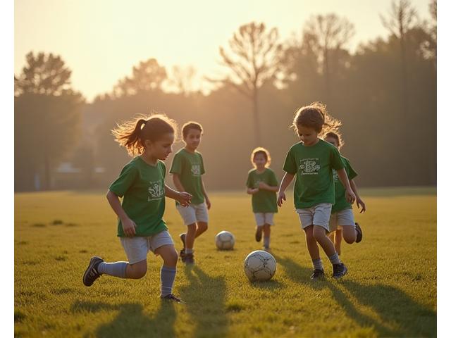 Crianças a jogar futebol num campo relvado no início da academia