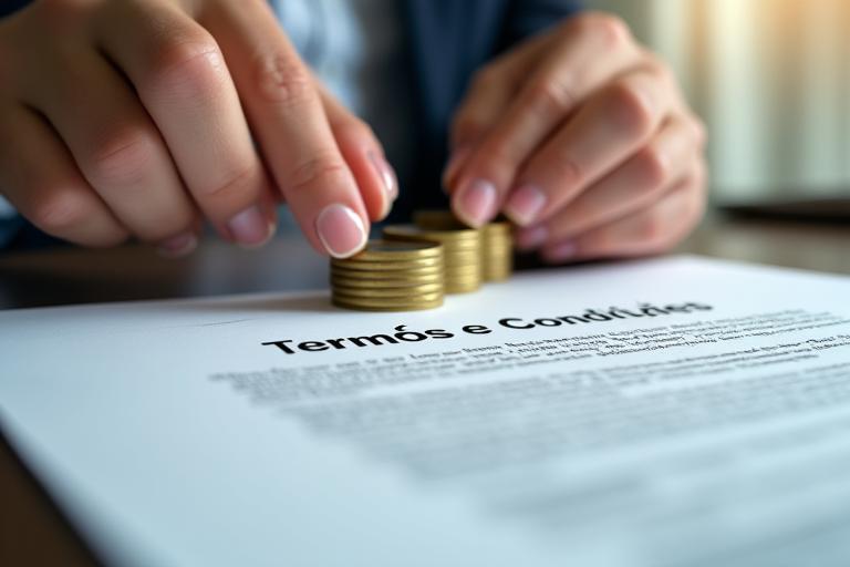 Mãos a contar moedas junto a um contrato, simbolizando organização financeira e termos de pagamento.